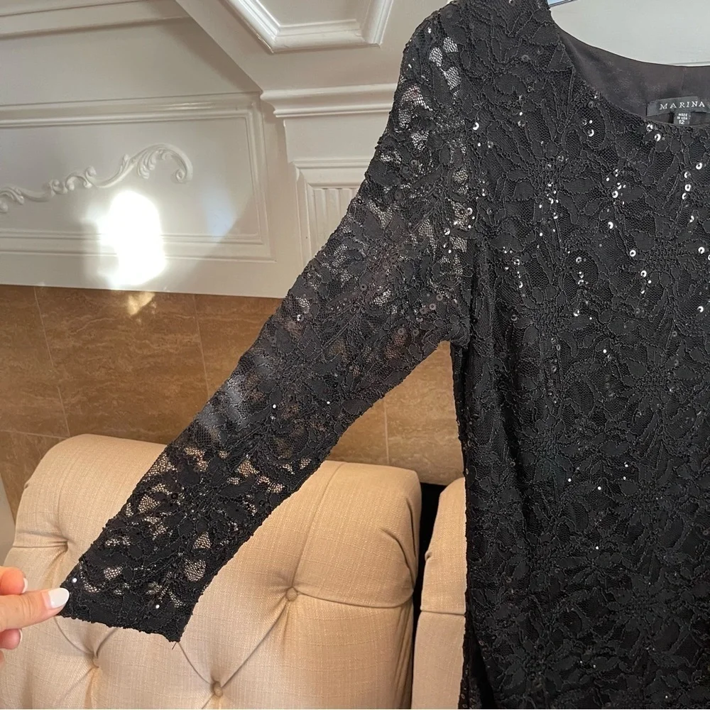 Marina Sequin Lace Sheath Dress Sz 12 Black 3/4 Sleeve Stretchy Evening Dress